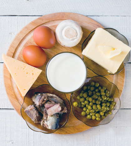 Foods containing vitamin D: cheese, eggs, mushrooms, milk, butter, peas, canned in oil